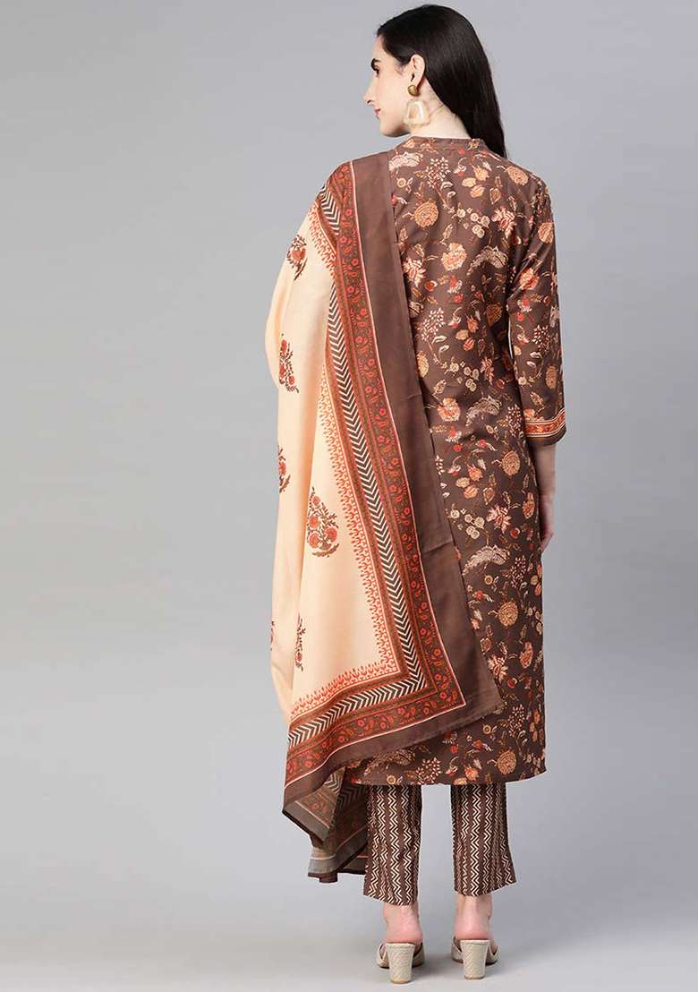 Brown Printed Crepe Straight Kurta Set - Indya