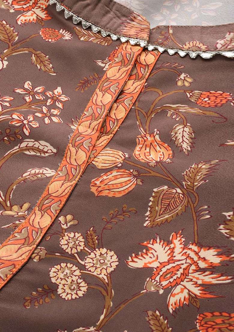 Brown Printed Crepe Straight Kurta Set - Indya