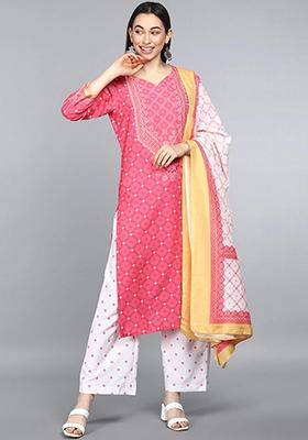 Pink Printed Polyester Kurta Set