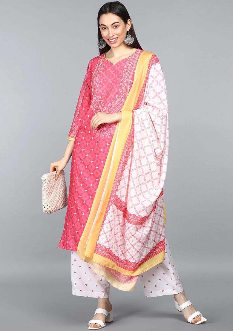 Pink Printed Polyester Kurta Set