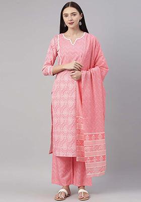 Pink Printed Polyester Kurta Set