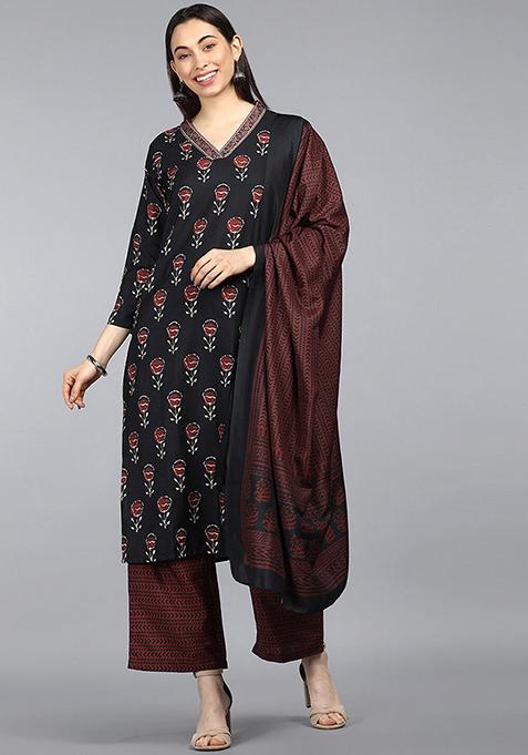 Black Printed Polyester Kurta Set