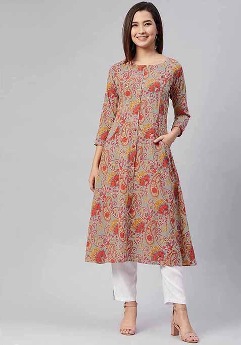 Grey Printed Cotton Kurta