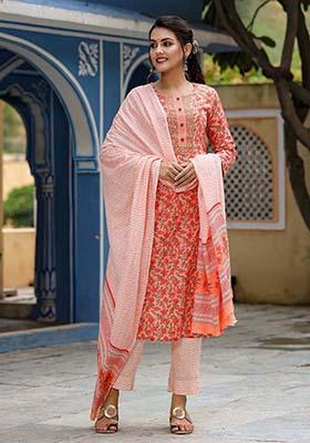 Orange Printed Rayon Blend Kurta Set