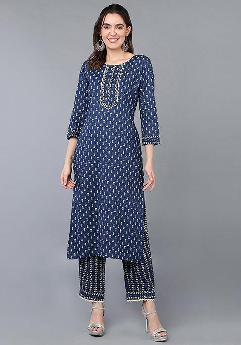 Navy Blue Printed Cotton Kurta Set