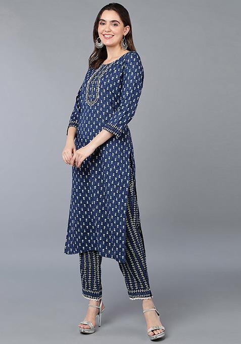 Women Navy Blue Printed Kurta Set