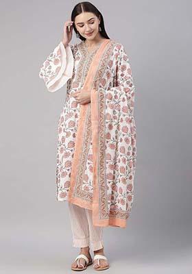 White Printed Cotton Kurta Set