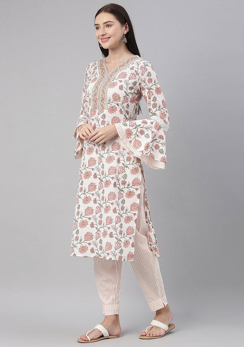 White Printed Cotton Kurta Set