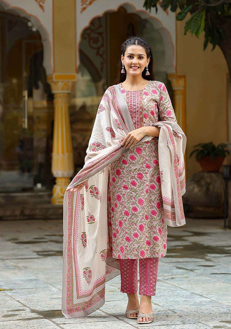 Grey Printed Rayon Blend Kurta Set - Indya