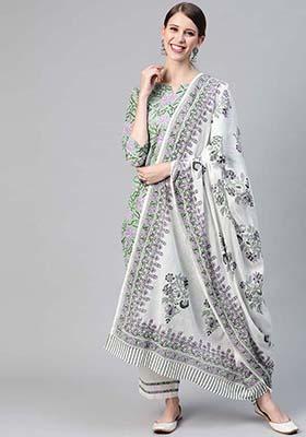 Green Printed Cotton Kurta Set