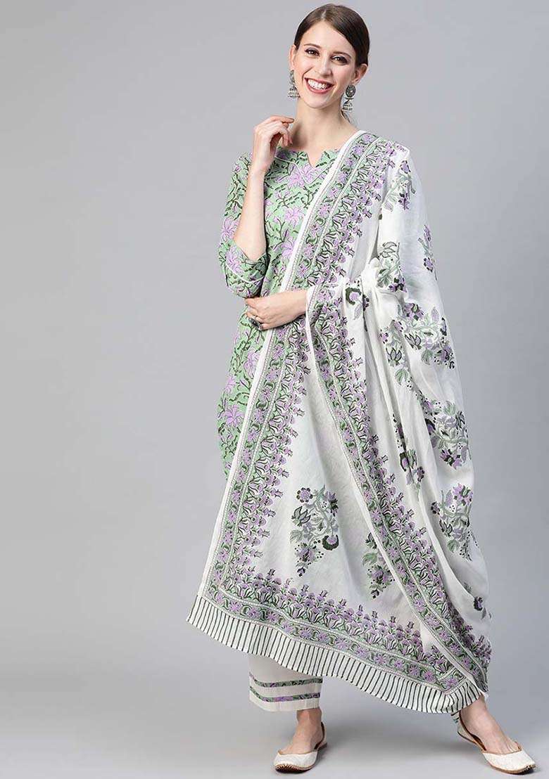 Green Printed Cotton Kurta Set - Indya