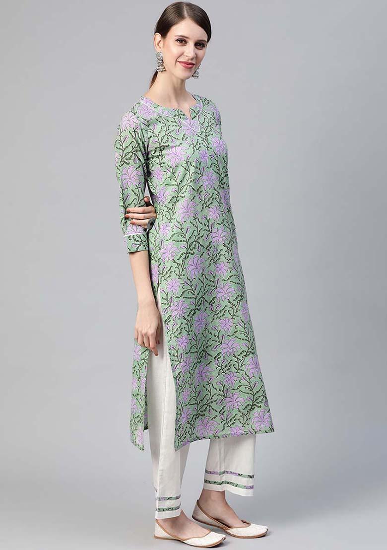 Green Printed Cotton Kurta Set