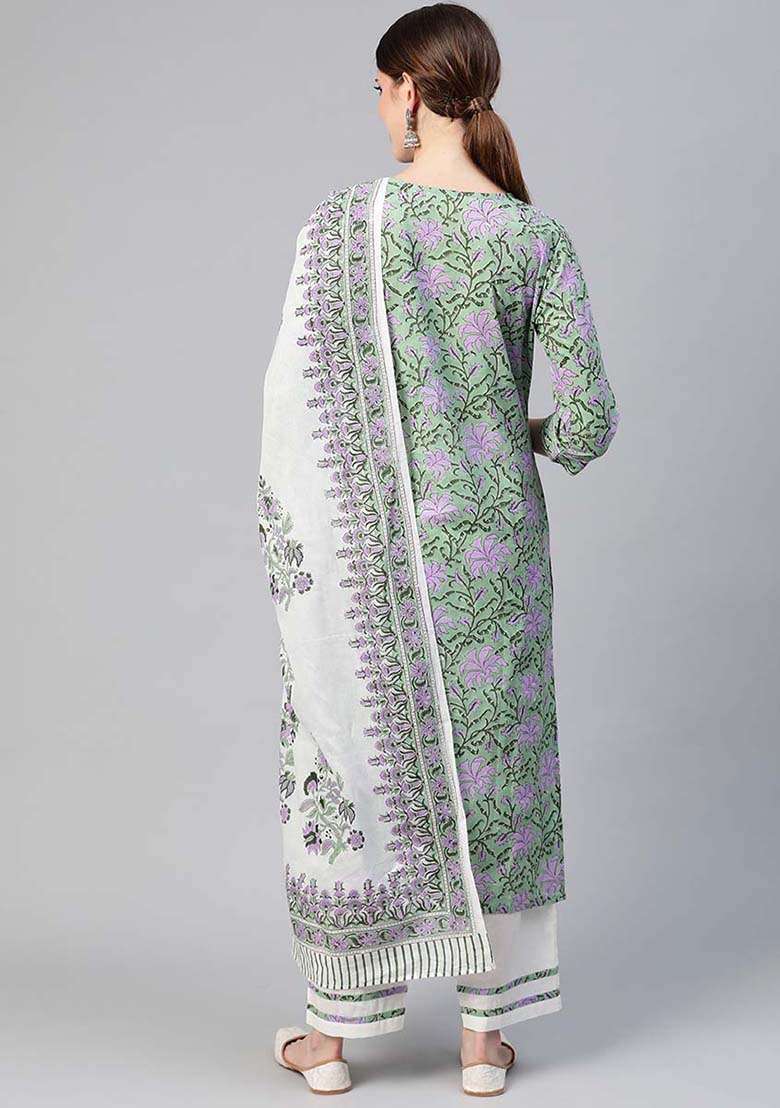Green Printed Cotton Kurta Set - Indya