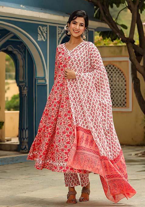 Pink Printed Cotton Kurta Set