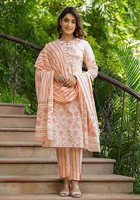Orange Embroidered Cotton Kurta Set