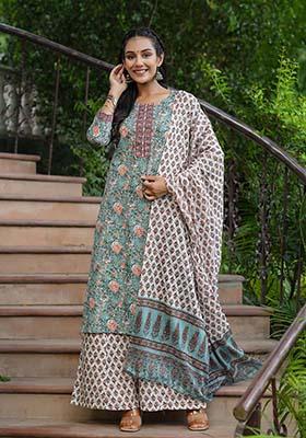 Green Embroidered Cotton Kurta Set