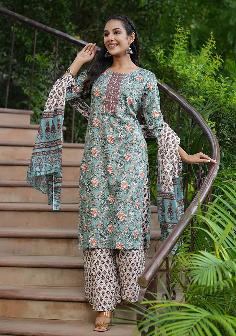 Green Embroidered Cotton Kurta Set