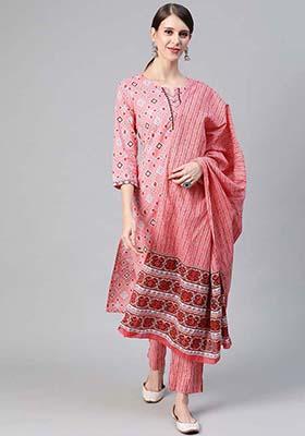 Pink Printed Cotton Kurta Set