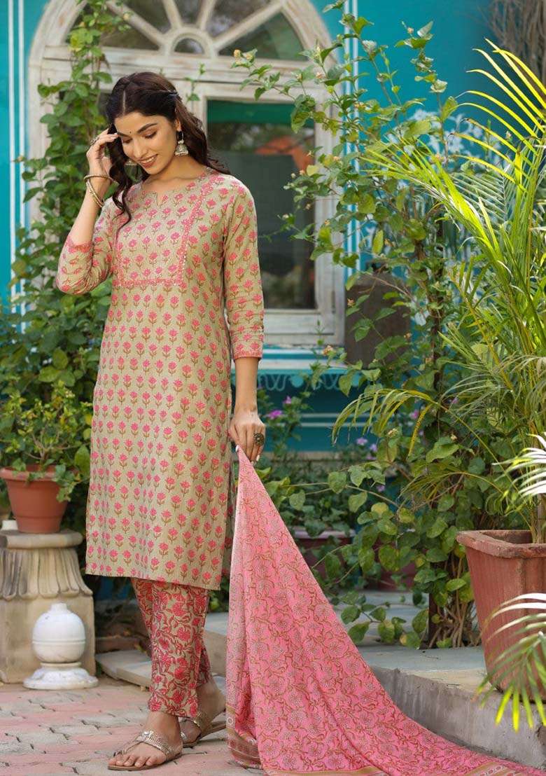 Green Printed Cotton Straight Kurta Set - Indya