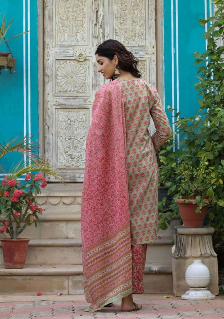 Green Printed Cotton Straight Kurta Set - Indya