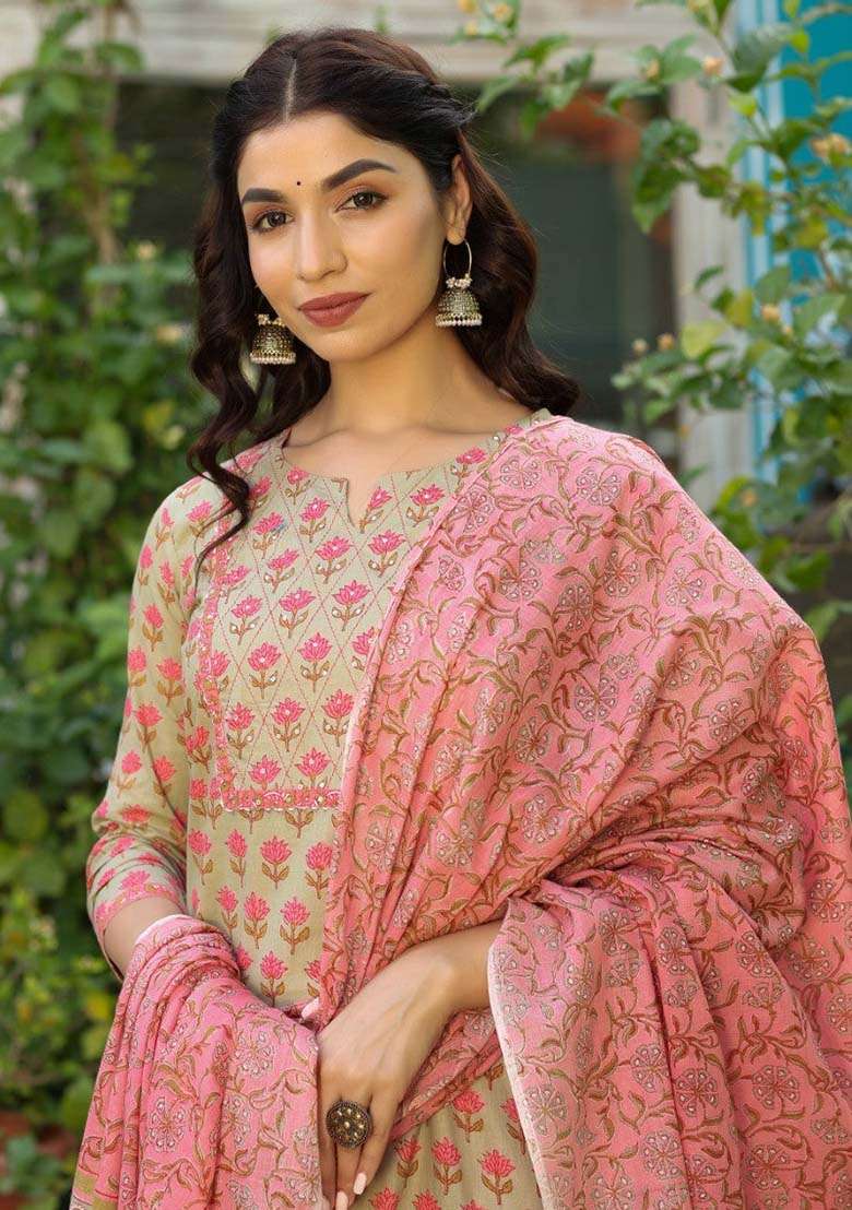 Green Printed Cotton Straight Kurta Set - Indya