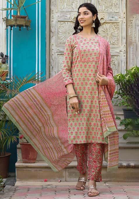 Green Printed Cotton Straight Kurta Set — view on Indya