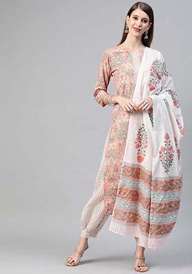 Peach Printed Cotton Kurta Set
