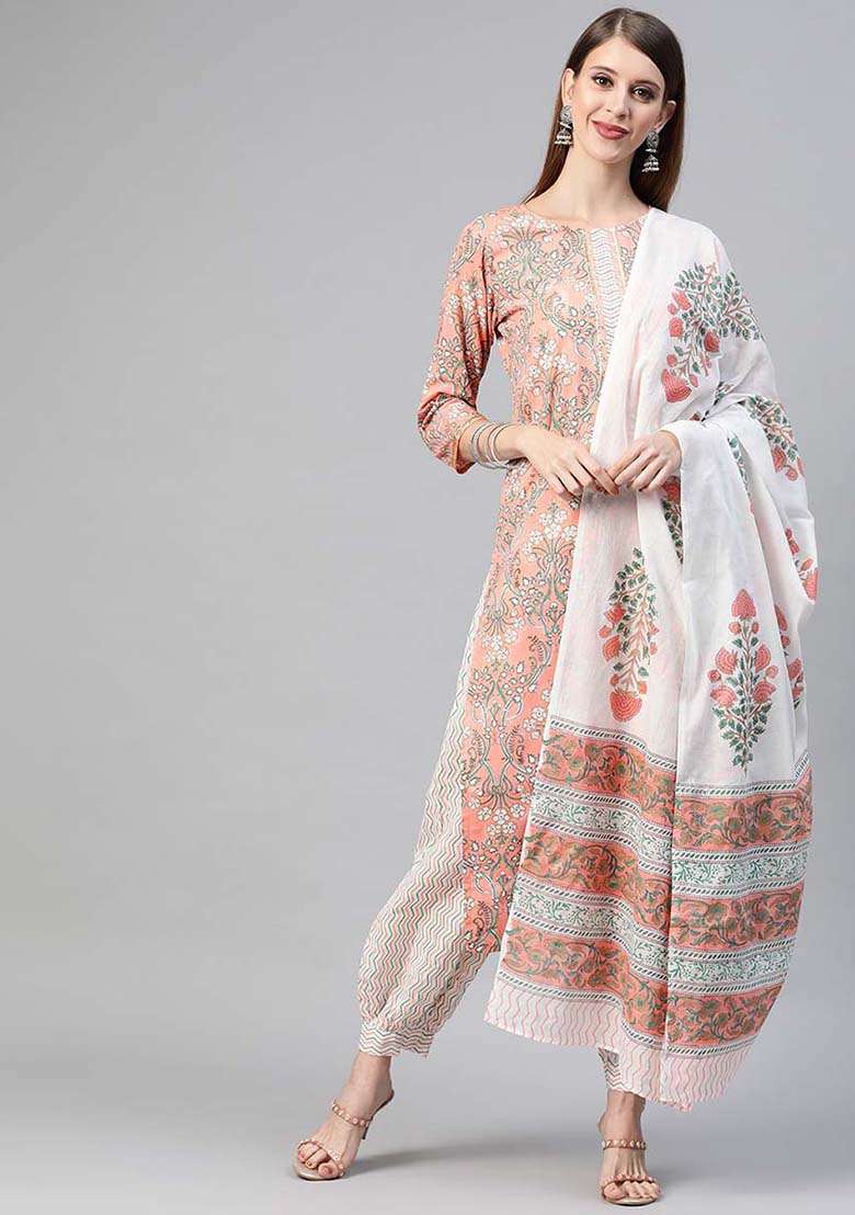 Peach Printed Cotton Straight Kurta Set - Indya