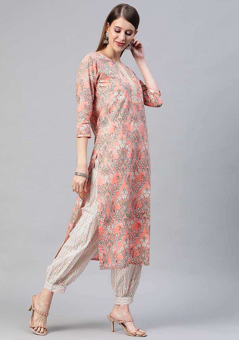 Peach Printed Cotton Straight Kurta Set - Indya
