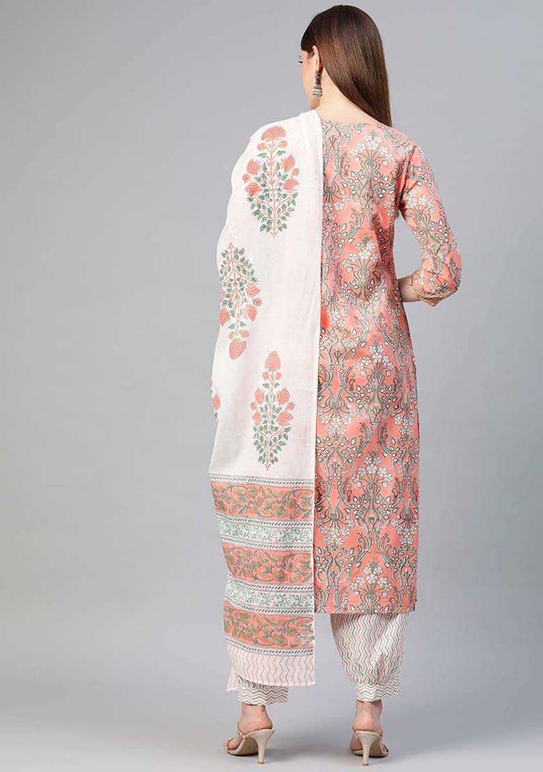 Peach Printed Cotton Straight Kurta Set - Indya