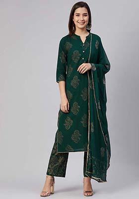 Green Printed Cotton Kurta Set