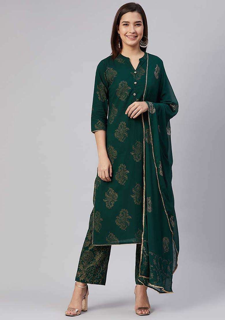 Green Printed Cotton Straight Kurta Set - Indya
