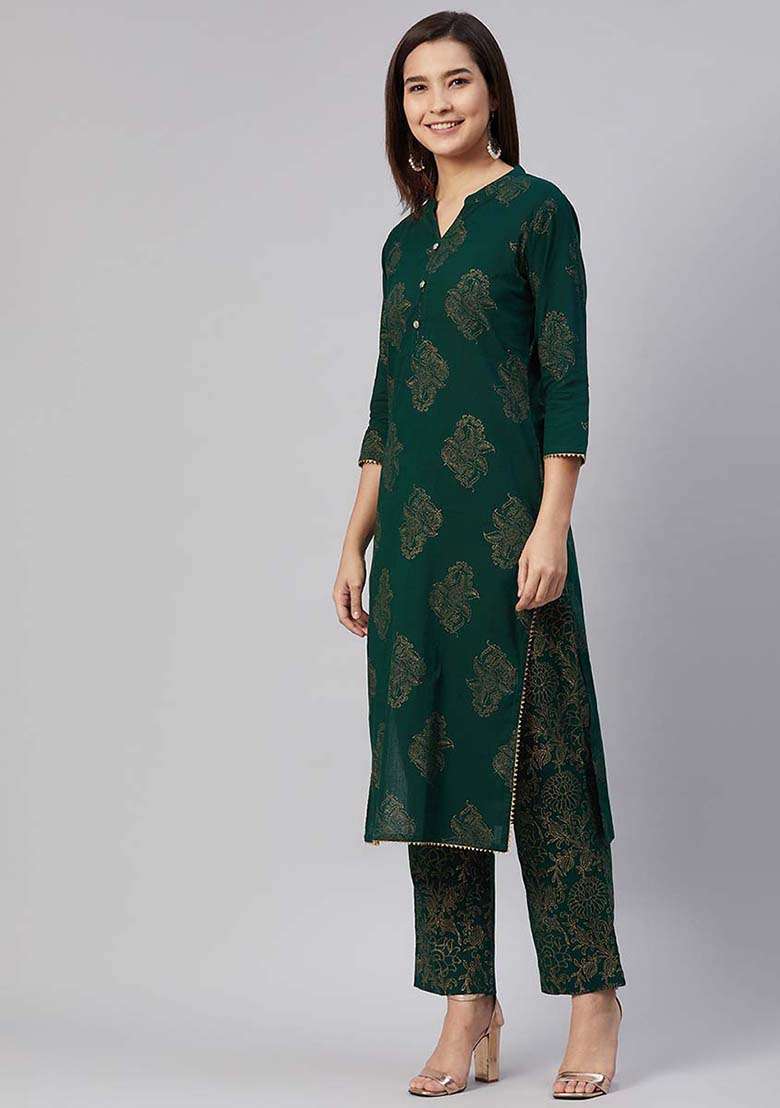 Green Printed Cotton Straight Kurta Set - Indya
