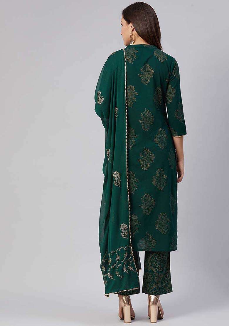 Green Printed Cotton Straight Kurta Set - Indya