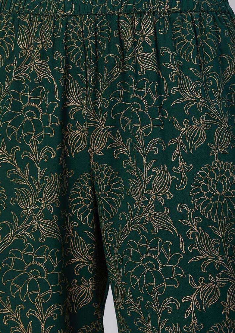 Green Printed Cotton Straight Kurta Set - Indya