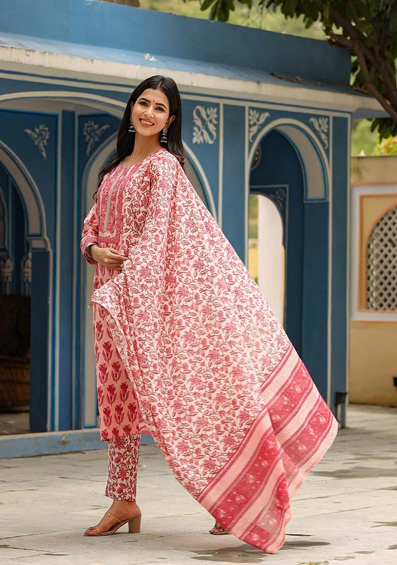Pink Printed Rayon Blend Kurta Set