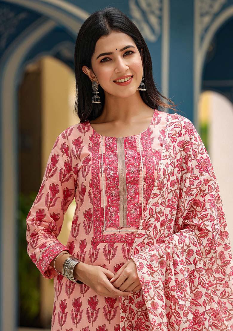 Pink Printed Rayon Blend Kurta Set