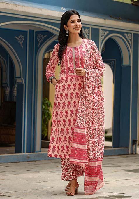 Pink Printed Rayon Blend Kurta Set