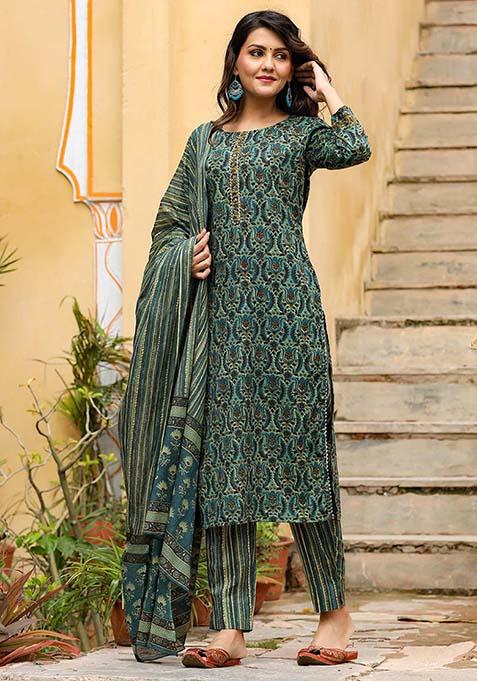 Green Printed Rayon Blend Kurta Set