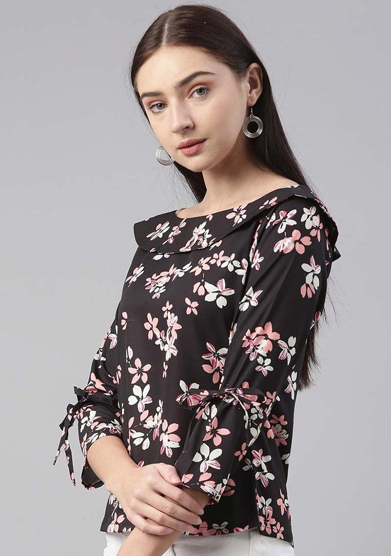 Black Printed Georgette Top - Indya