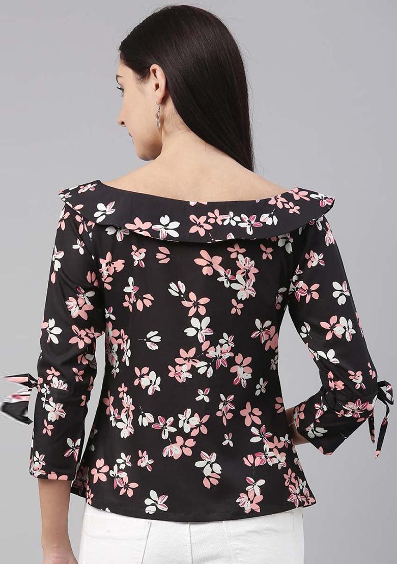 Black Floral Print Georgette Kurta - Indya