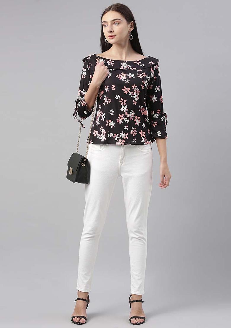 Black Printed Georgette Top - Indya