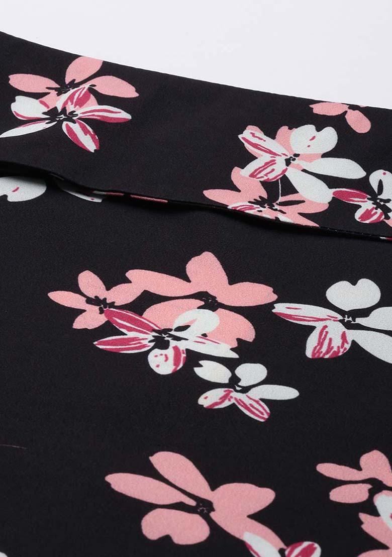 Black Floral Print Georgette Kurta - Indya