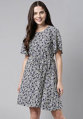 Off White Printed Polyester Dress