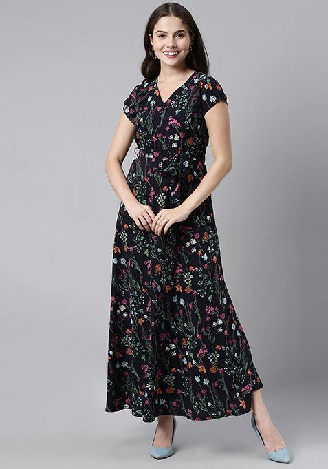 Navy Blue Printed Polyester Dress