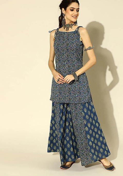 Navy Blue Printed Cotton Kurta Set