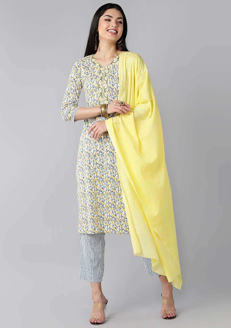 White Floral Print Cotton Straight Kurta Set - Indya
