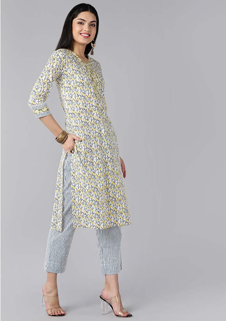 White Printed Cotton Kurta Set