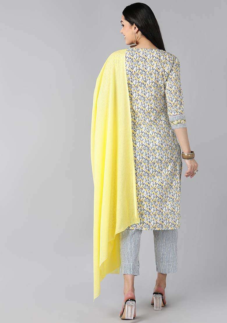 White Floral Print Cotton Straight Kurta Set - Indya