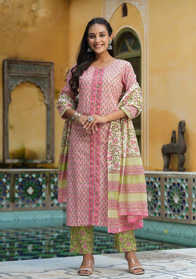 Pink Printed Cotton Straight Kurta Set - Indya